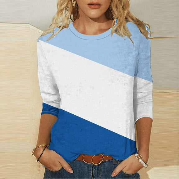 miqiqism 3/4 Sleeve Tshirts for Women Colorblock Basic Shirts, Womens Round Neck Blouse, Lady Loose Tunic Tops Spring Summer Pullover Top for Woman,01_Blue,XX-Large