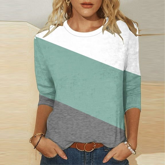 miqiqism 3/4 Sleeve Tshirts for Women Colorblock Basic Shirts, Womens Round Neck Blouse, Lady Loose Tunic Tops Spring Summer Pullover Top for Woman,01_Green,Small