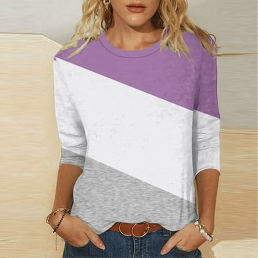 miqiqism 3/4 Sleeve Tshirts for Women Colorblock Basic Shirts, Womens Round Neck Blouse, Lady Loose Tunic Tops Spring Summer Pullover Top for Woman,01_Purple,XX-Large