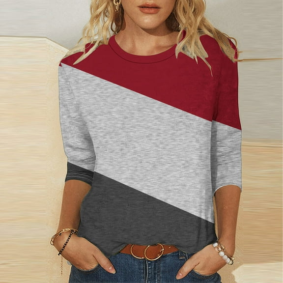 miqiqism 3/4 Sleeve Tshirts for Women Colorblock Basic Shirts, Womens Round Neck Blouse, Lady Loose Tunic Tops Spring Summer Pullover Top for Woman,01_Wine,X-Large