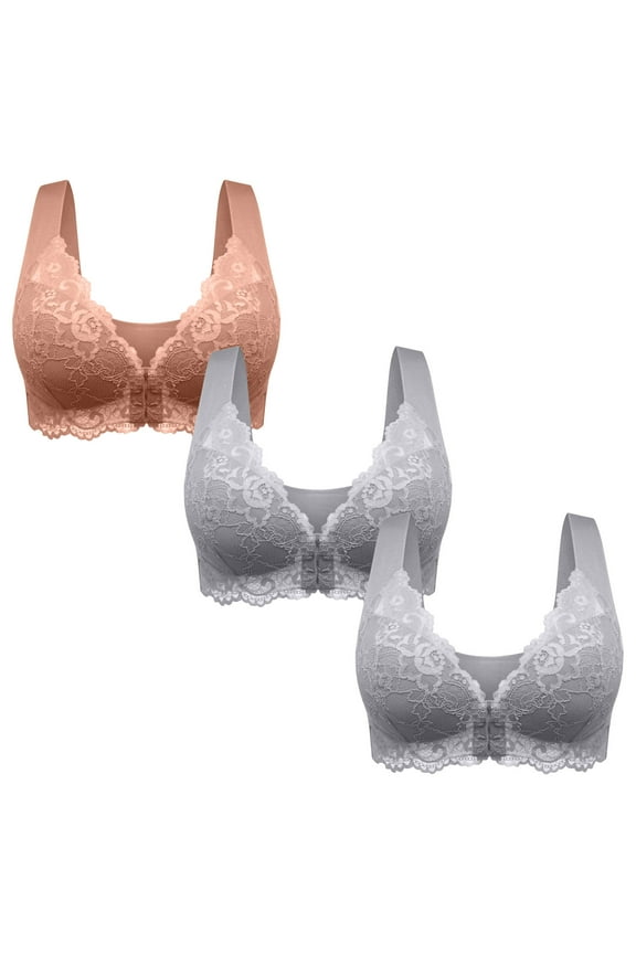 3 Pack Women's Plus Size Bras Full Coverage Front Closure Posture Back Unpadded Wireless Double Support Minimizer Solid Bra,Coffee,Large