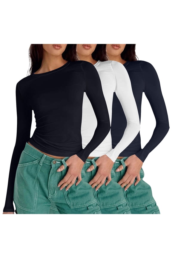 3 Packs Women's Long Sleeve Shirts Comfy Crew Neck Stretchy Fitted Tops Ribbed Base Layer Soft Thermal Undershirts Tee Slim Fit Solid Color Blouses,Navy,Large