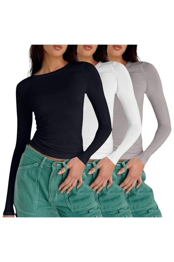 3 Packs Women's Long Sleeve Shirts Comfy Crew Neck Stretchy Fitted Tops Ribbed Base Layer Soft Thermal Undershirts Tee Slim Fit Solid Color Blouses,Gray,Large