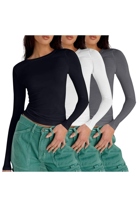 3 Packs Women's Long Sleeve Shirts Comfy Crew Neck Stretchy Fitted Tops Ribbed Base Layer Soft Thermal Undershirts Tee Slim Fit Solid Color Blouses,Dark Gray,Large