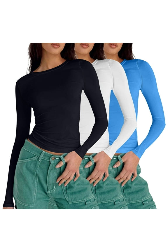 3 Piece Women Long Sleeve Shirts Basic Crop Tops Tight Slim Fit Teen Girls Fall Spring Y2k Clothes Outfits,Blue,Large
