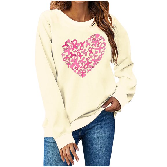 miqiqism Breast Cancer Awareness Shirts for Women Trendy Pink Ribbon Heart Graphic Sweatshirts Casual Drop Shoulder Pullover Sweatshirt Fleece Fall Tunic Tops,Beige,Small