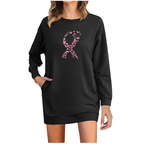 miqiqism Breast Cancer Awareness Sweatshirt Dress for Women Pink Graphic Lightweight Long Sleeve Shirt Dress with Pockets Trendy Crew Neck Dresses,Black,Large