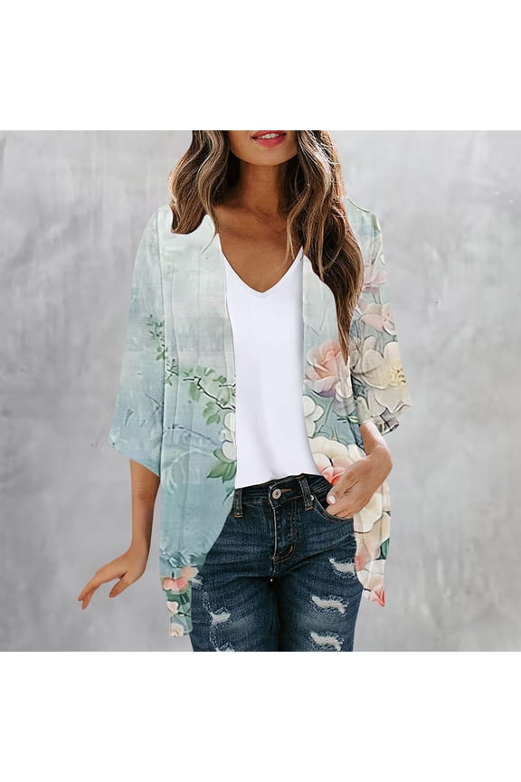 Cardigan for Women 2024 Womens Fashion Kimonos Juniors Loose 3/4 Length Sleeve Ruffle Tops Casual Open Front Outerwear Cover Ups Lightweight Cardigans,Light Blue,Small