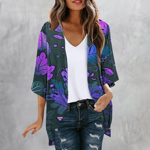 miqiqism Cardigans for Women 2024 Casual Duster 3/4 Ruffle Sleeve Blouse Coat Lightweight Jackets Juniors Retro Floral Print Cardigan Loose Fit Flowy Tops,Purple,X-Large