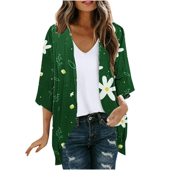 miqiqism Cardigans for Women 2024 Retro Floral Print Lightweight Cardigan Juniors Casual Duster Jackets 3/4 Ruffle Sleeve Blouse Tops Coat Flowy Loose Kimonos,Green,Large