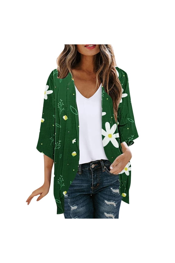 Cardigans for Women 2024 Retro Floral Print Lightweight Cardigan Juniors Casual Duster Jackets 3/4 Ruffle Sleeve Blouse Tops Coat Flowy Loose Kimonos,Green,Small