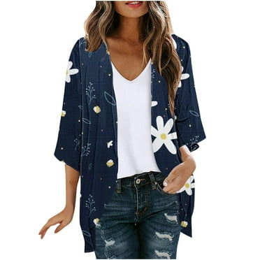 miqiqism Cardigans for Women 2024 Retro Floral Print Lightweight Cardigan Juniors Casual Duster Jackets 3/4 Ruffle Sleeve Blouse Tops Coat Flowy Loose Kimonos,Dark Blue,Medium