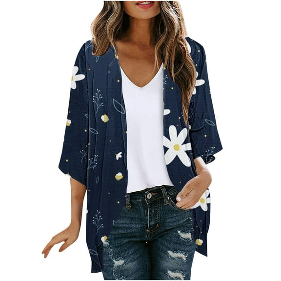 miqiqism Cardigans for Women 2024 Retro Floral Print Lightweight Cardigan Juniors Casual Duster Jackets 3/4 Ruffle Sleeve Blouse Tops Coat Flowy Loose Kimonos,Dark Blue,Large