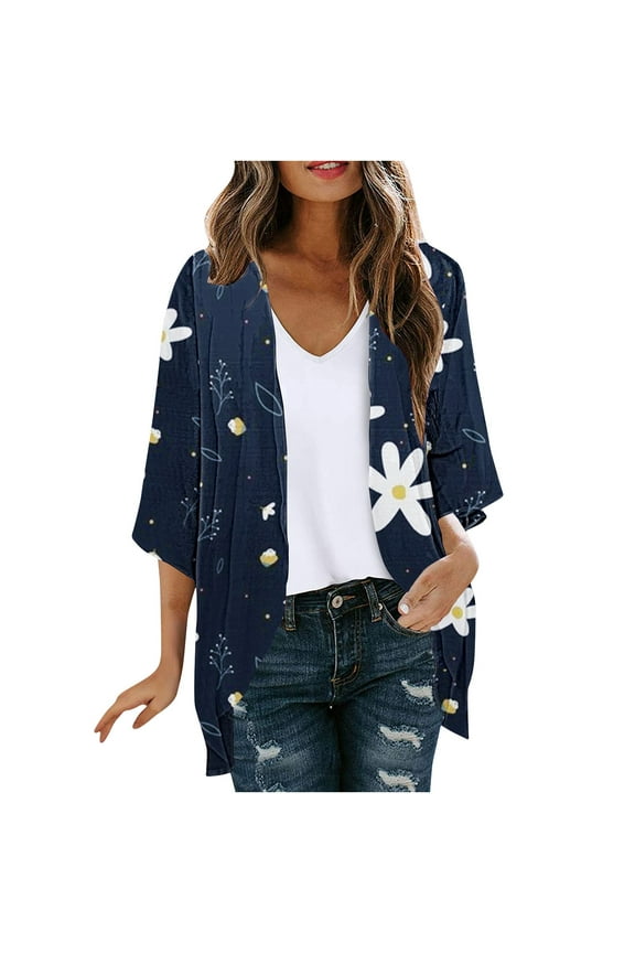 Cardigans for Women 2024 Retro Floral Print Lightweight Cardigan Juniors Casual Duster Jackets 3/4 Ruffle Sleeve Blouse Tops Coat Flowy Loose Kimonos,Dark Blue,Large