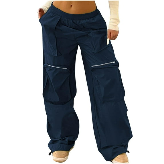 miqiqism Cargo Pants for Women Baggy Hiking Casual Cotton Work Pants with Pockets Trendy Solid Color Cargo Pant Elastic Waist Trousers Zip Pocket Pants,Navy,X-Large