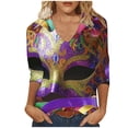 thumbnail image 1 of miqiqism Carvinal T-Shirt for Women Fashion Mask Print Blouses Three-quarter Sleeves Shirts V Neck Tunic Costome 2025 Mardi Gras Day Party,01 Multicolor,Large, 1 of 4