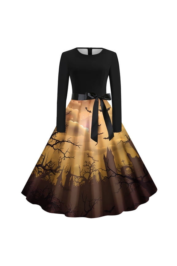 Casual Dress for Women Long Sleeve Tie Waist Bet Print Dress Juniors Evening Prom Fitted Fashion Pleated Dresses 2024 Fall Cocktail Party Dress,Orange,X-Large