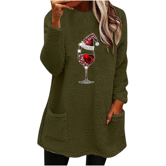 miqiqism Christmas Sweaters for Women 2024 Long Sleeve Crewneck Sweatshirt Red Wine Glass Print Pullover Shirts Fleece Warm Loungewear Tops Blouses with Pockets,Army Green,Large