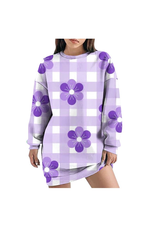 Christmas Sweatshirts Dress for Women Trendy Plaid Graphic Sweatshirt Dress Casual Long Sleeve Pullover Dresses with Pockets Comfy Drop Shoulder Loose Shirts,Purple,Medium