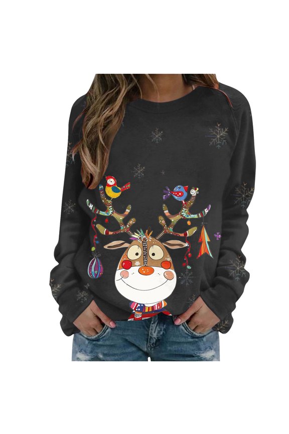 Christmas Sweatshirts for Women Comfy Long Sleeves Crew Neck Blouses Juniors Casual Cute Graphic Printed Sweatshirt Trendy Lightweight Tunic Shirts,B#01_Black,Large