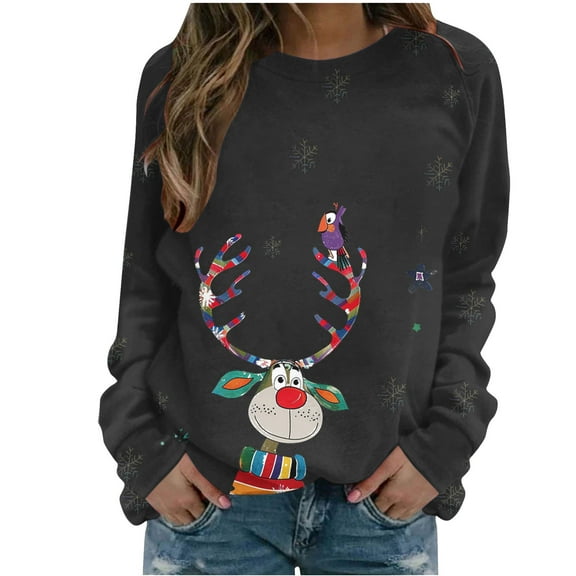 miqiqism Christmas Sweatshirts for Women Comfy Long Sleeves Crew Neck Blouses Juniors Casual Cute Graphic Printed Sweatshirt Trendy Lightweight Tunic Shirts,B#02_Black,Large