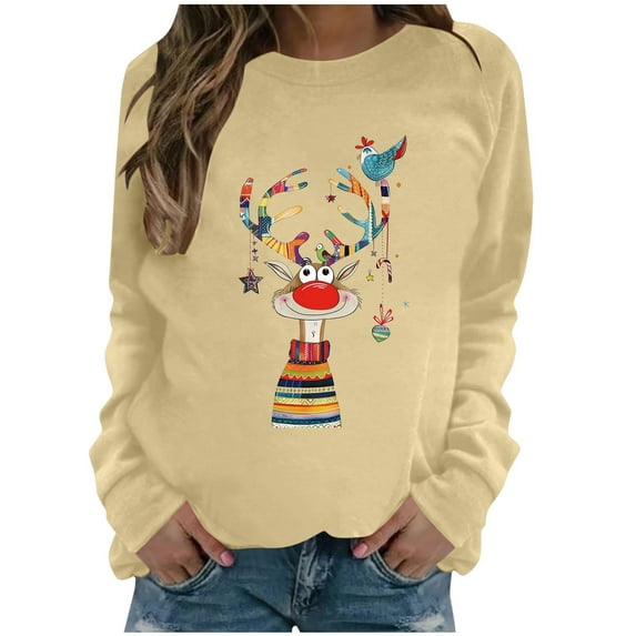 miqiqism Christmas Sweatshirts for Women Trendy 2024 Casual Christmas Cute Graphic Printed Round Neck Tops Juniors Loose Pullover Long Sleeve Hooded Sweatshirt,Y#02_Yellow,Small