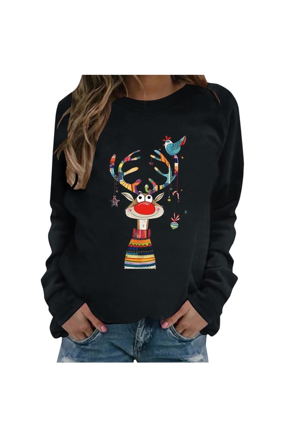 Christmas Sweatshirts for Women Trendy 2024 Casual Christmas Cute Graphic Printed Round Neck Tops Juniors Loose Pullover Long Sleeve Hooded Sweatshirt,B#02_Black,Large