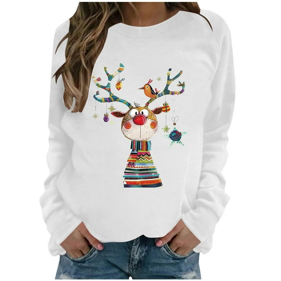 miqiqism Christmas Sweatshirts for Women Trendy 2024 Casual Christmas Cute Graphic Printed Round Neck Tops Juniors Loose Pullover Long Sleeve Hooded Sweatshirt,W#01_White,Medium