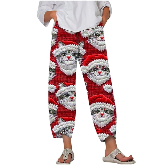 miqiqism Clearance！Christmas Women Ugly Santa Pants Elastic Sweatpants Loose Wide Leg Trousers High Waist Pant Plus Size Jogger Palazzo with Pockets,Red,Large