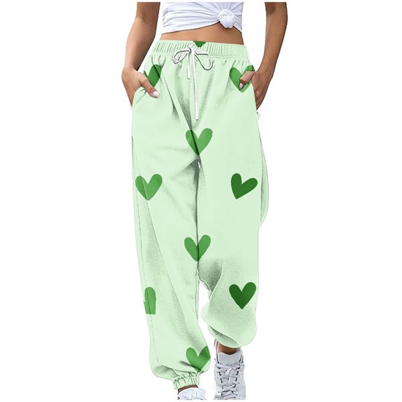 miqiqism Clearance High Waist Elastic Pant Women Heart Sweatpant Trendy Drawstring Cinch Bottom, Fashion Lightweight Trouser Workout Athletic Clothing Valentines Day Outfit,01_Mint Green,Large