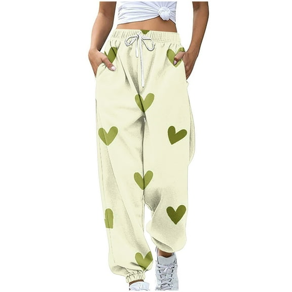 miqiqism Clearance High Waist Elastic Pant Women Heart Sweatpant Trendy Drawstring Cinch Bottom, Fashion Lightweight Trouser Workout Athletic Clothing Valentines Day Outfit,01_Yellow,Medium