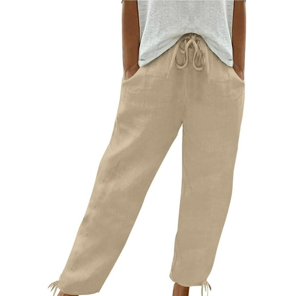 miqiqism Clearance!High Waist Trousers Women Wide Leg Pants Cotton Lined Loungewear Drawstring Sweatpants Loose Lace Up Palazzo with Pockets,Beige,3X-Large