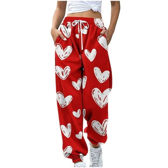 miqiqism Clearance Woman Cute Heart Sweatpant High Waisted Drawstring Pants Fashion Joggy Trousers Lady Casual Yoga Lightweight Pant with Pockets 2025 Trendy Valentines,01_Multicolor,Large