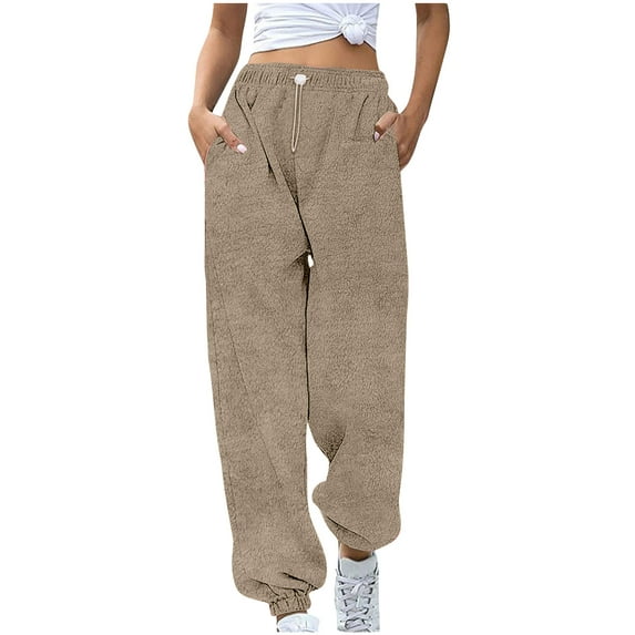 miqiqism Clearance!Women's Plush Pajama Pants High Waist Drawstring Trousers Sleepwear Loose Cinch Bottom Loungewear Workout Pant Sweatpant with Pocket,Brown,Medium