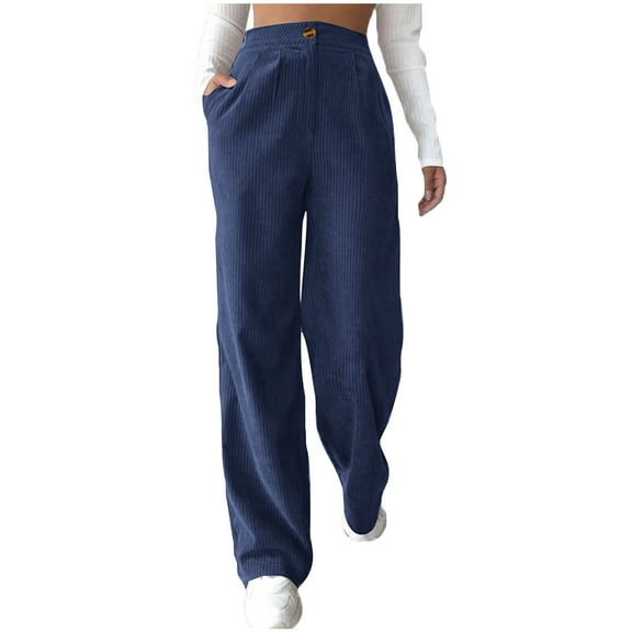 miqiqism Clearance!Women's Wide Leg Pants Corduroy Palazzo Pant with Pocket Wide Straight-leg Slacks Button Zip Sweatpants Fall Solid Streewear,Navy,Medium