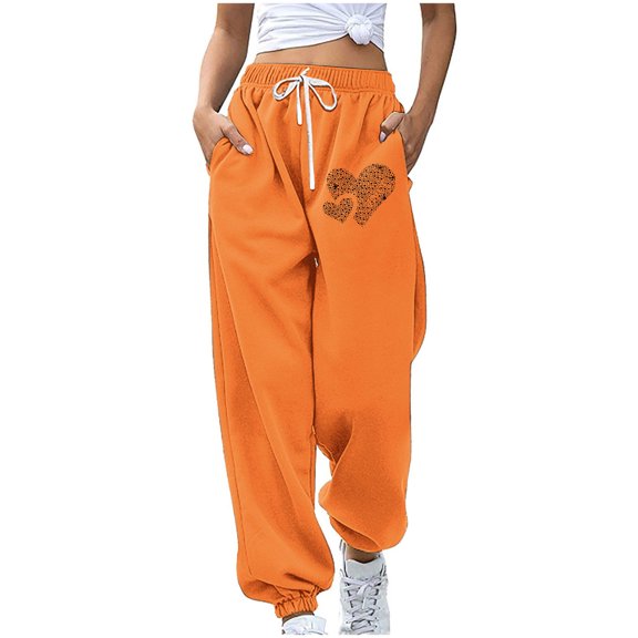 miqiqism Clearance Womens Heart Joggy Sweatpant Fashion High Waisted Pants Casual Drawstring Athletic Sport Cinch Bottom Lightweight Trousers for Valentines,02_Orange,X-Large