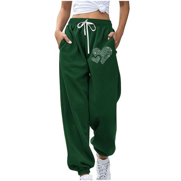 miqiqism Clearance Womens Heart Joggy Sweatpant Fashion High Waisted Pants Casual Drawstring Athletic Sport Cinch Bottom Lightweight Trousers for Valentines,02_Green,Medium