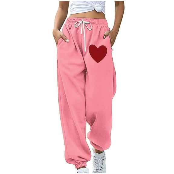 miqiqism Clearance Womens Heart Joggy Sweatpant Fashion High Waisted Pants Casual Drawstring Athletic Sport Cinch Bottom Lightweight Trousers for Valentines,01_Pink,Large