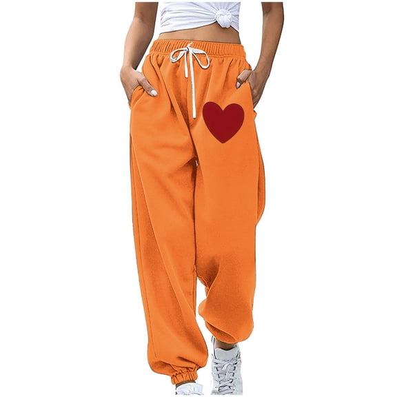 miqiqism Clearance Womens Heart Joggy Sweatpant Fashion High Waisted Pants Casual Drawstring Athletic Sport Cinch Bottom Lightweight Trousers for Valentines,01_Orange,XX-Large