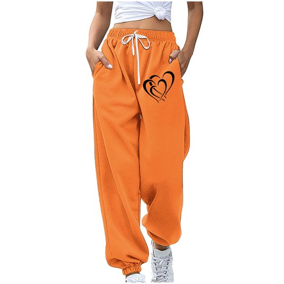 miqiqism Clearance Womens Valentines Pant Casual High Waisted Sweatpants Cute Heart Trousers Trendy Drawstring Pants Athletic Lightweight Soft Outfits,02_Orange,Medium