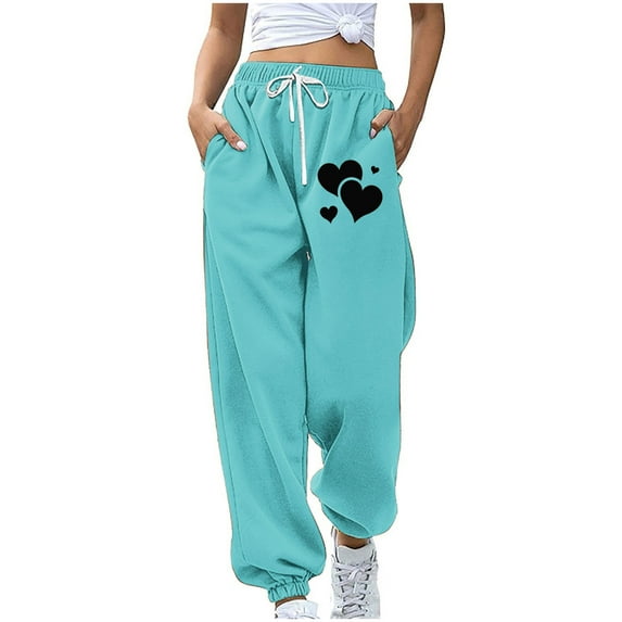 miqiqism Clearance Womens Valentines Pant Casual High Waisted Sweatpants Cute Heart Trousers Trendy Drawstring Pants Athletic Lightweight Soft Outfits,01_Blue,X-Large