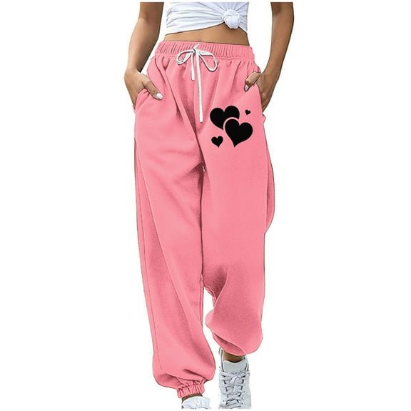 miqiqism Clearance Womens Valentines Pant Casual High Waisted Sweatpants Cute Heart Trousers Trendy Drawstring Pants Athletic Lightweight Soft Outfits,01_Pink,Large