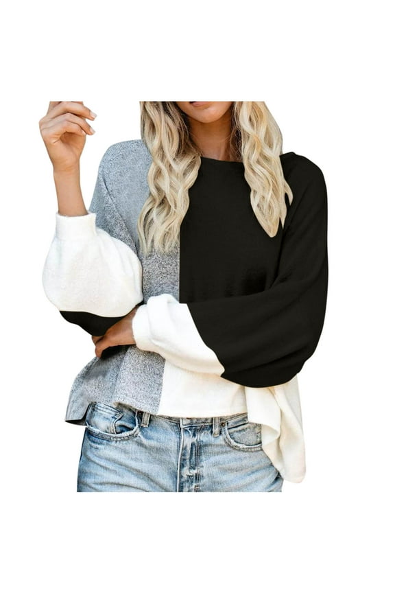 Color Block Sweater for Women Junior Trendy Long Sleeve Knit Pullover Sweaters Lady Crew Neck Patchwork Blouses Women's Casual Loose Jumper Tops,Black,Medium