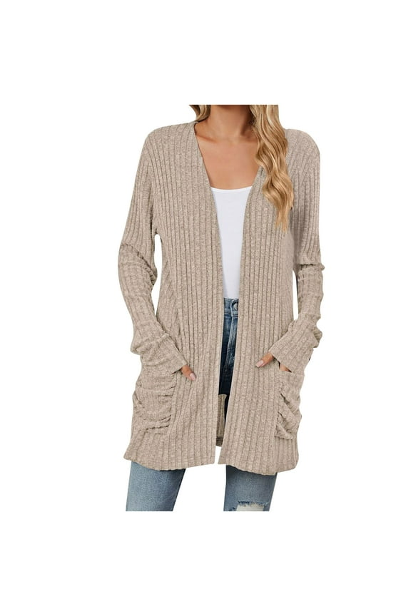 Cozy Women Cardigan Crochet Pure Sweater Open Front Cardigans Comfy Long Sleeves Outerwear Long Tunic Coat with Pocket,Khaki,Medium