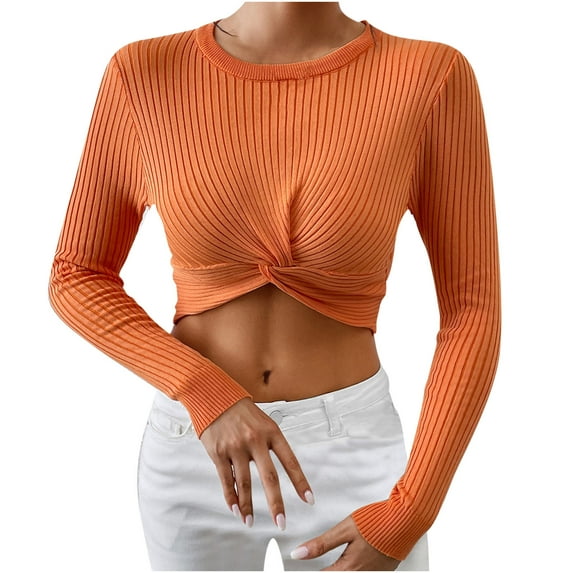 miqiqism Cropped Sweaters for Women Long Sleeve Crop Tie Front Top Teen Girls Slouchy Trendy Loose Crewneck Pullover Sweater Juniors Solid Color Blouses,Orange,Large