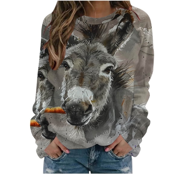 miqiqism Cute Long Sleeve Tops for Women 2024 Fashion 3D Donkey Graphic Print T-Shirt Comfy Crew Neck Pullover Clothes Trendy Slim Fit Tunic Blouses,Gray,Medium