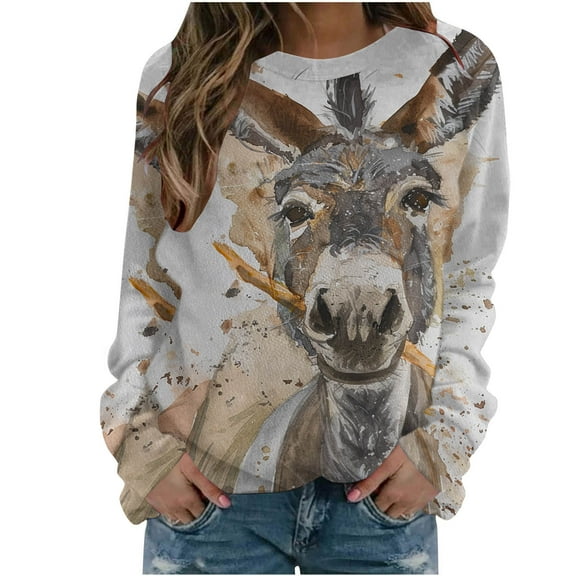 miqiqism Cute Long Sleeve Tops for Women 2024 Fashion 3D Donkey Graphic Print T-Shirt Comfy Crew Neck Pullover Clothes Trendy Slim Fit Tunic Blouses,K#01_Khaki,Large