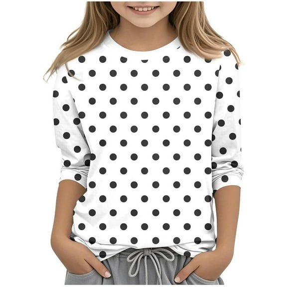 miqiqism Cute Polka Dots Shirt Children 3/4 Sleeve Tshirts Kids Fashion Loose Round Neck Top Boys and Girls Trendy Tunic Outfits Spring Outfits,01_White,Size 130