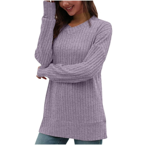 miqiqism Deals!Fall Shirt for Women Crewneck Pullover Tops Loose Tunic Blouses Sweaters Long Sleeve Basic Tees with Leggings,Purple,XX-Large