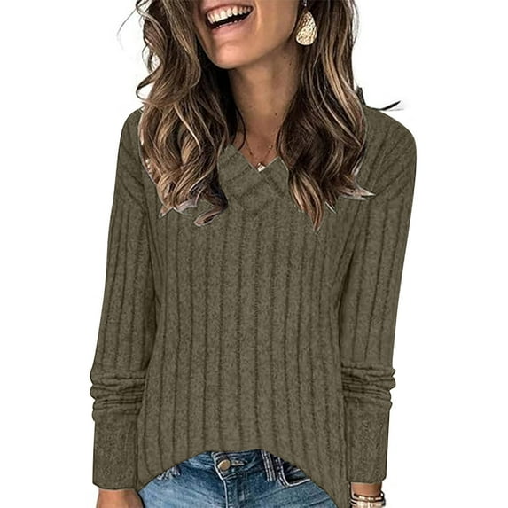 miqiqism Deals!Long Sleeve Shirts for Women Tunic Tops for Lady Loose Fit Dressy V Neck Pullover Basic Sweaters for Women Solid Knitwear 2024 Fall Trendy Clothing,Green,Small